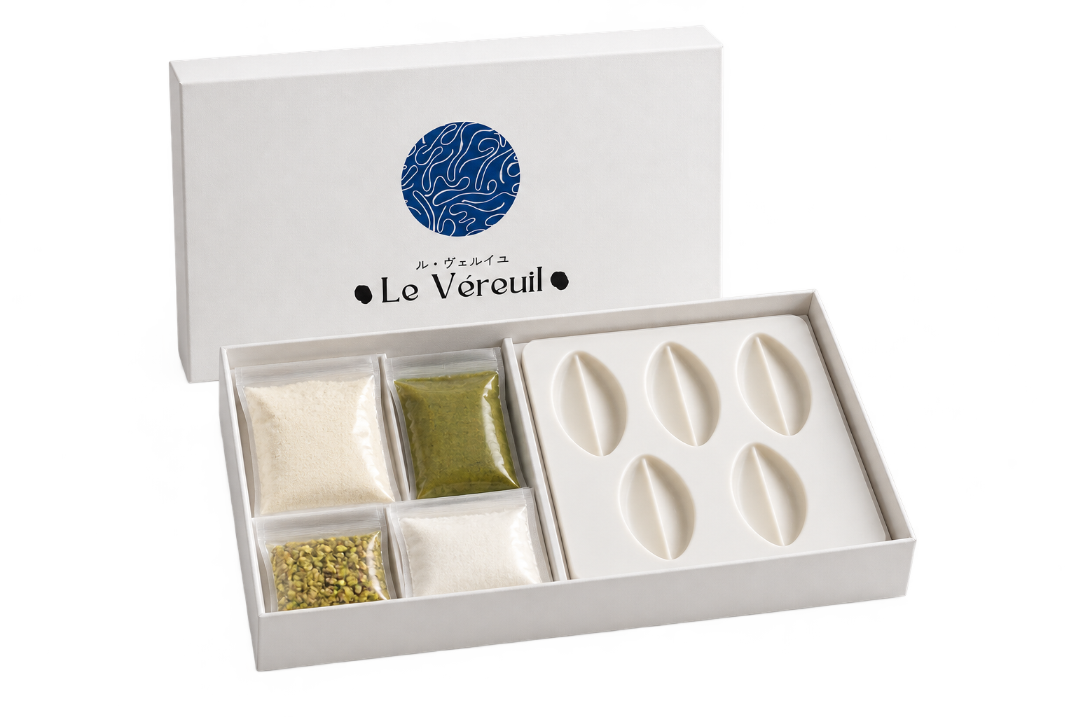 La box pistache ouverte : moule à cinq empreintes et ingrédients, présentation illustrative