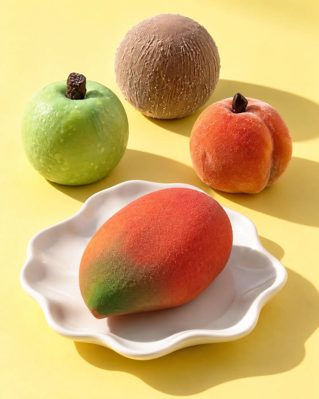 Les trompe-l’œil Le Véreuil : mangue, pomme verte, abricot et noix de coco, baignés de soleil