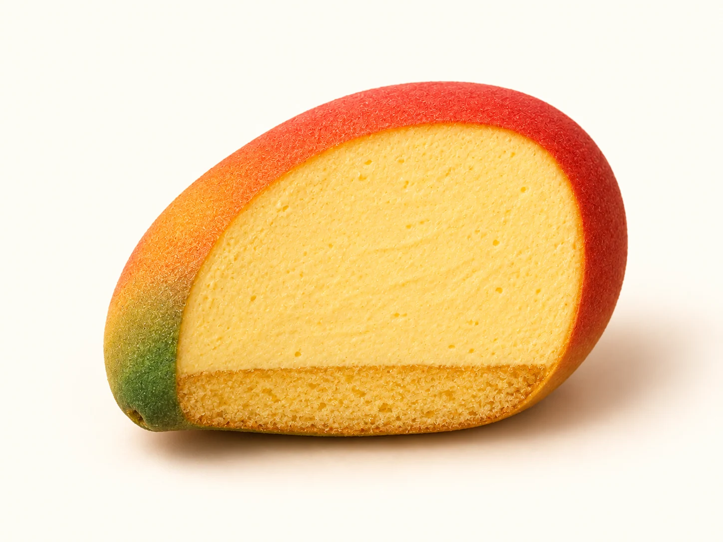Coupe illustrative de La Mangue : crème à la mangue en partie haute, biscuit à la mangue à la base.