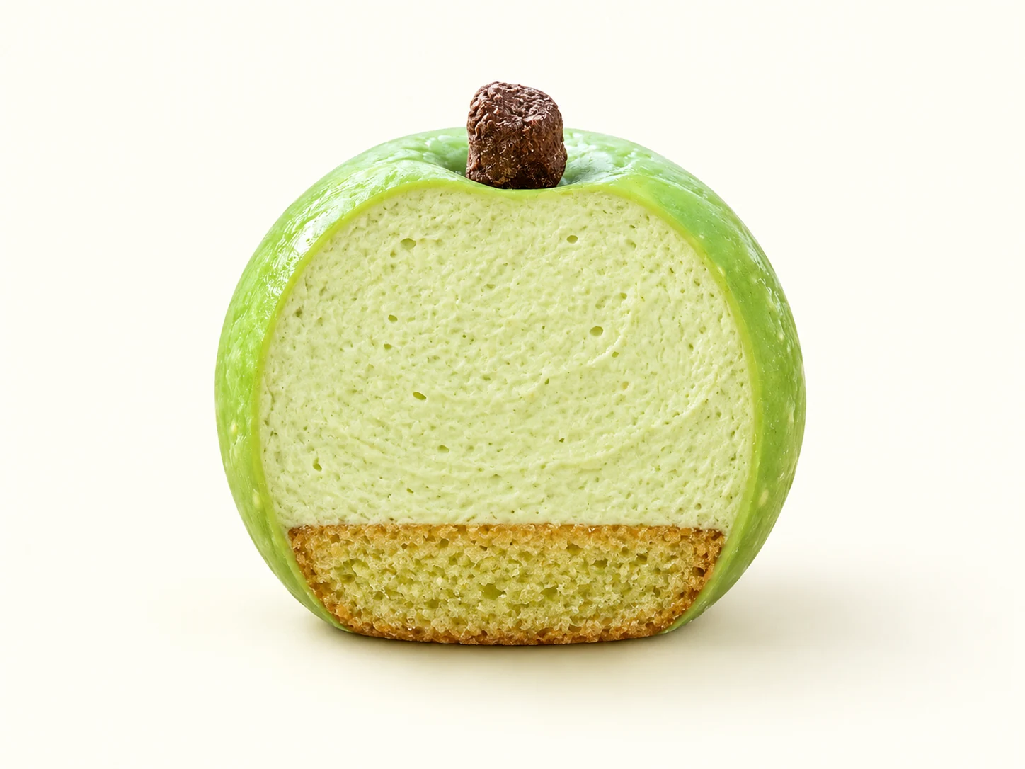 Coupe illustrative de La Pomme verte : crème à la pomme verte en partie haute, biscuit à la pomme verte à la base.